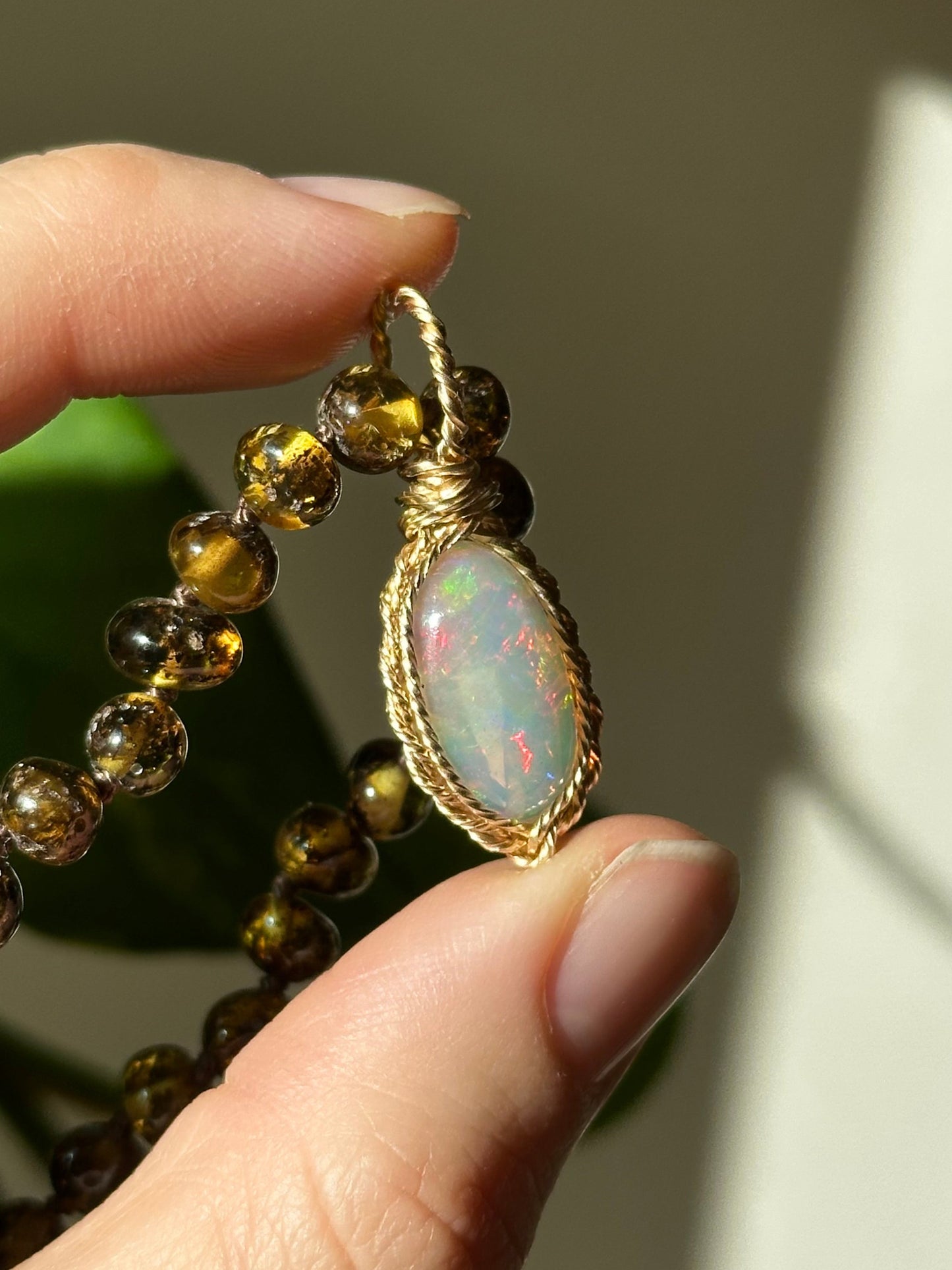 Oval Opal Pendant in 14k Gold ~ Baltic Amber Chain