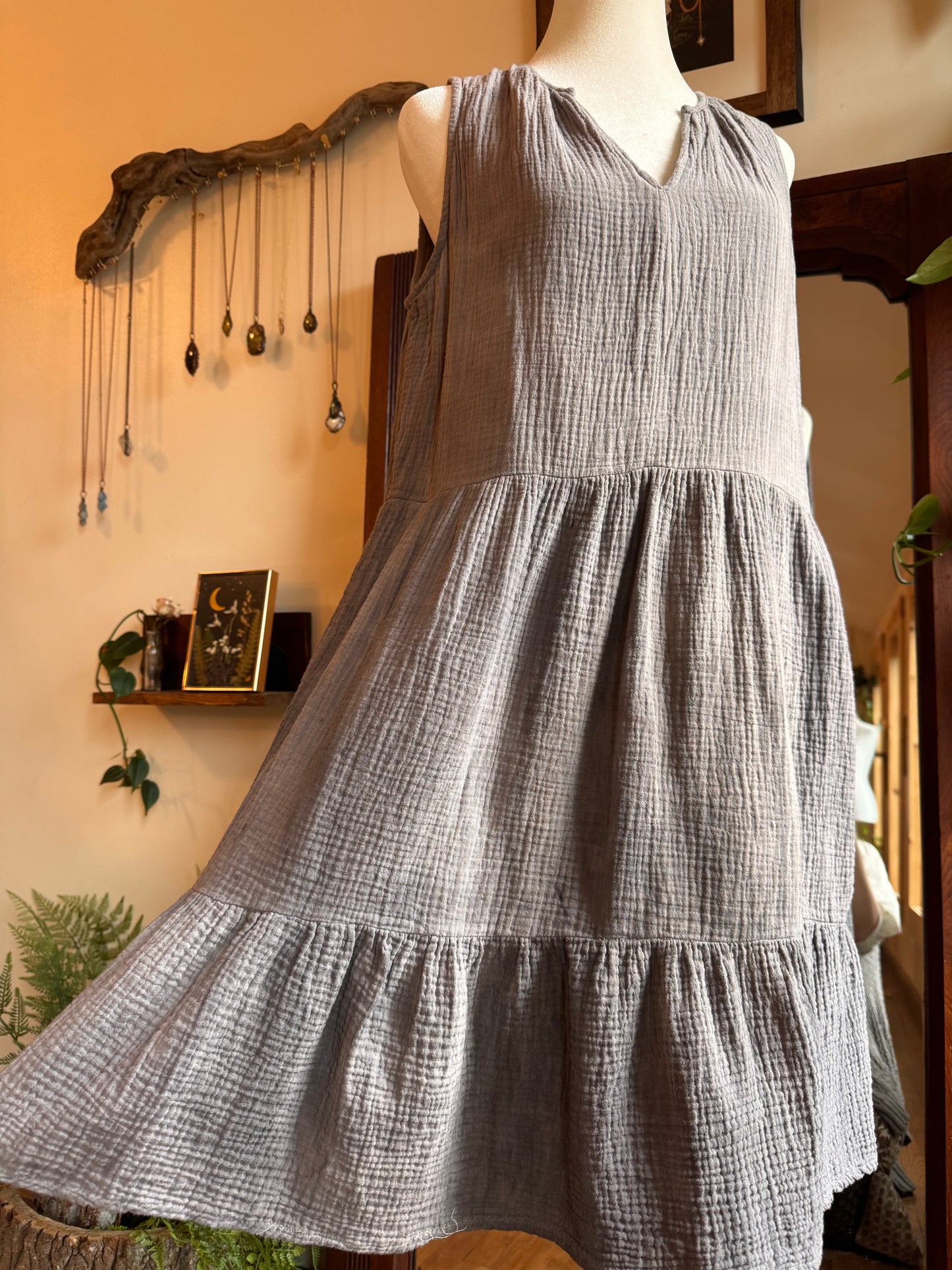 Eco Dye ~ Upcycled muslin dress with pockets size M