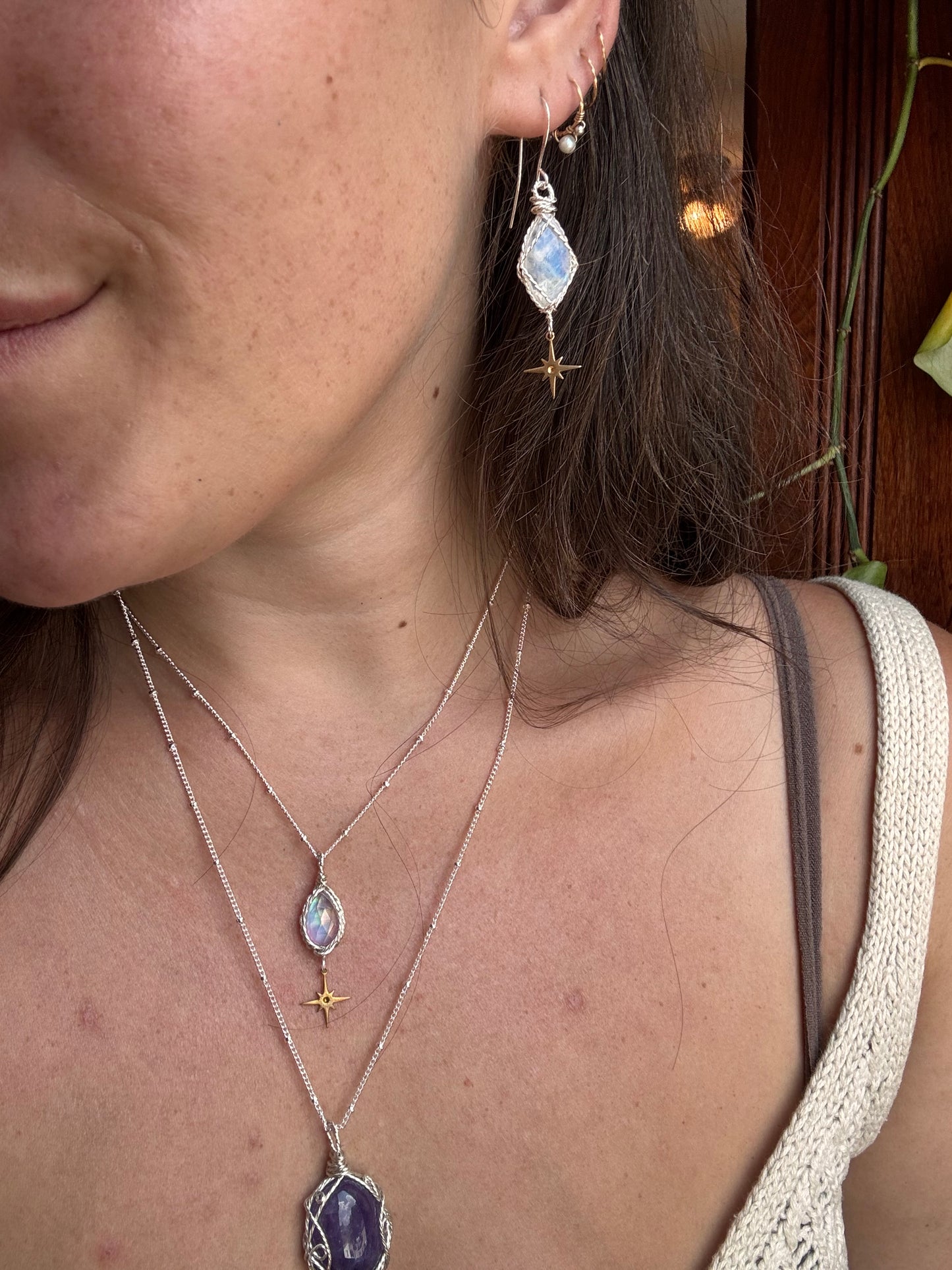 One of a kind moonstone star earrings