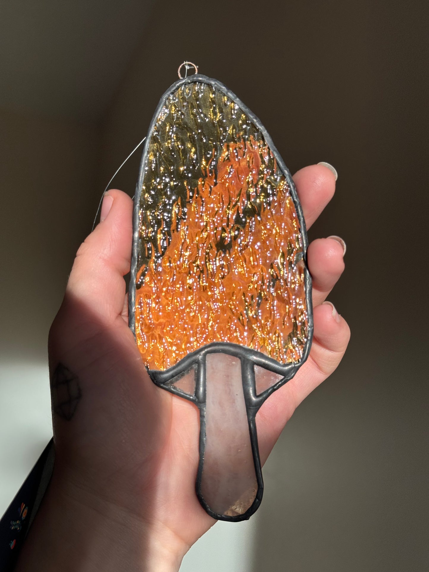Boho Nuetral Morel~ Locally made stained glass mushroom suncatcher