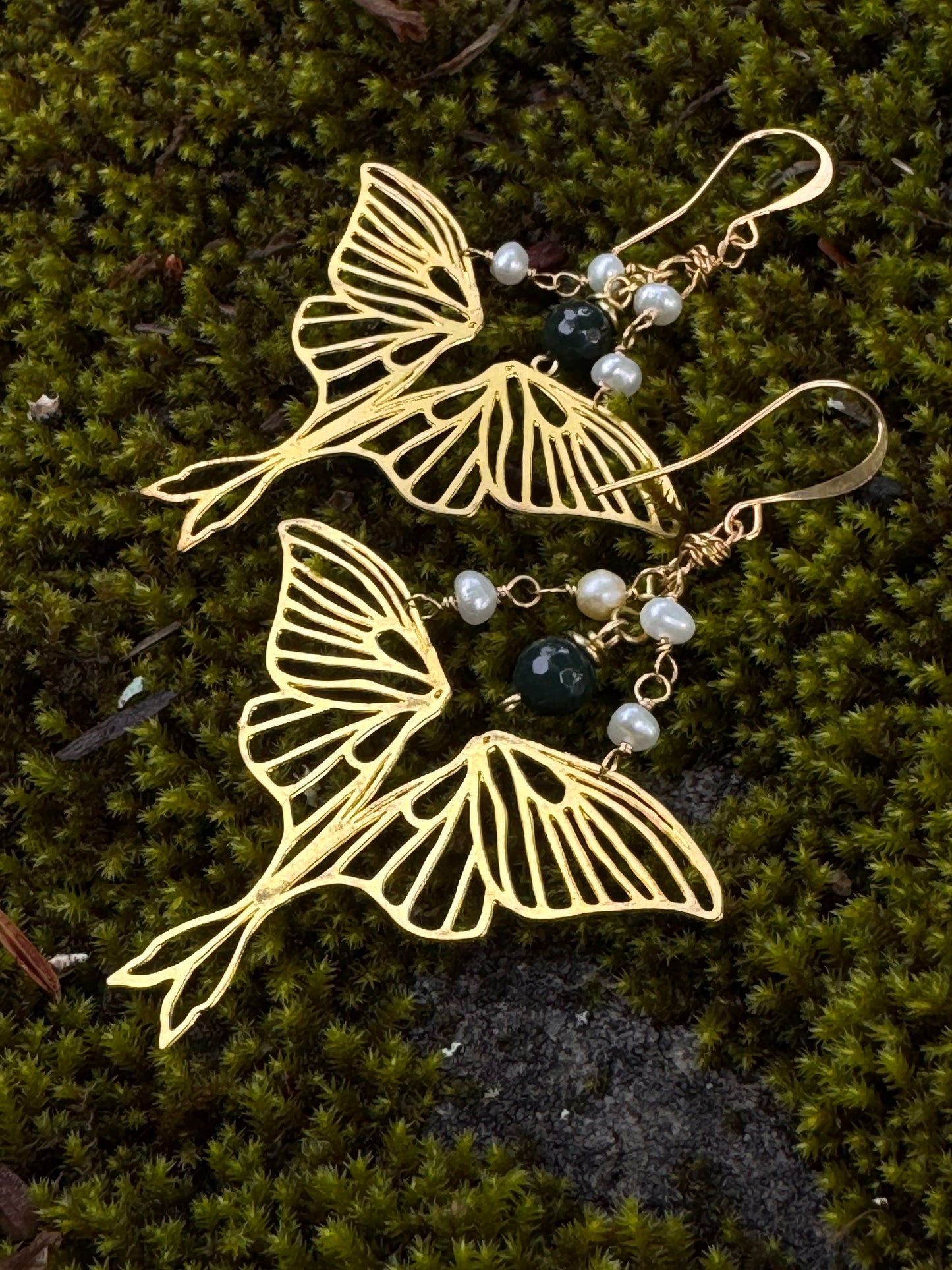 Brass Luna Moth Earrings Pearl & your choice of gemstone