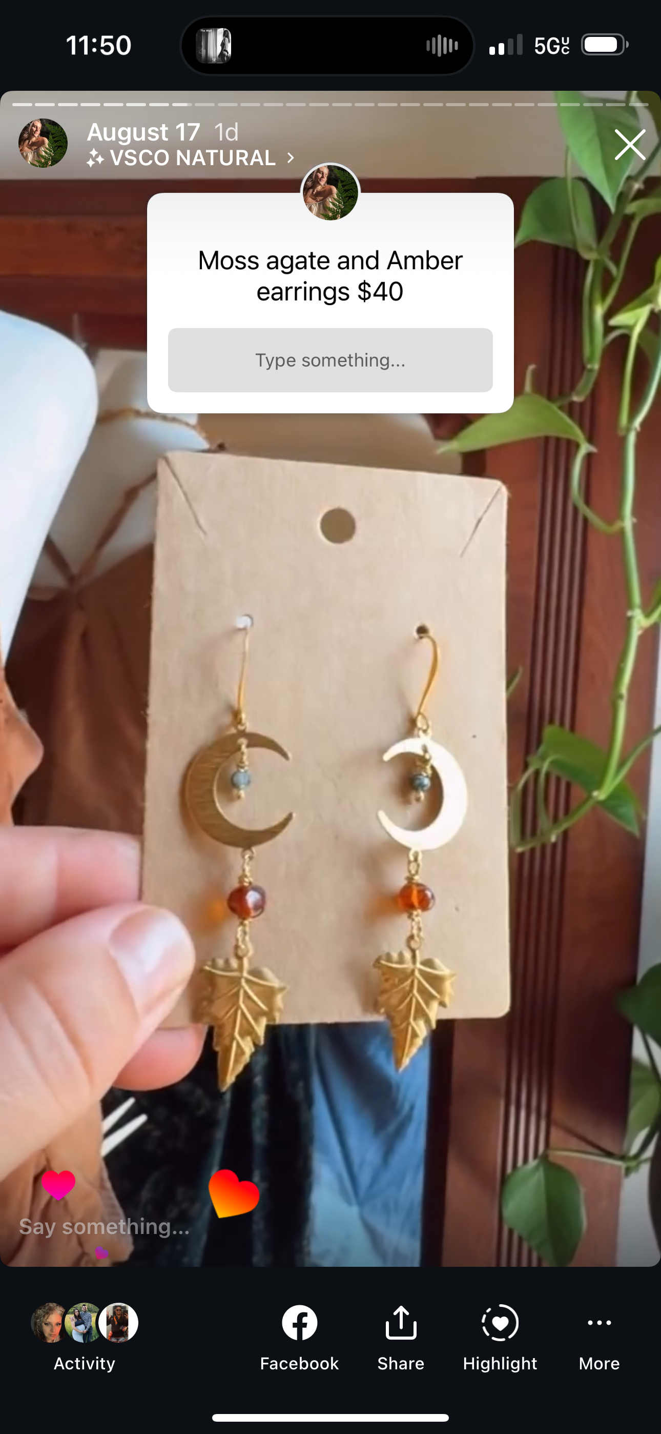 Moss agate moon & leaf earrings