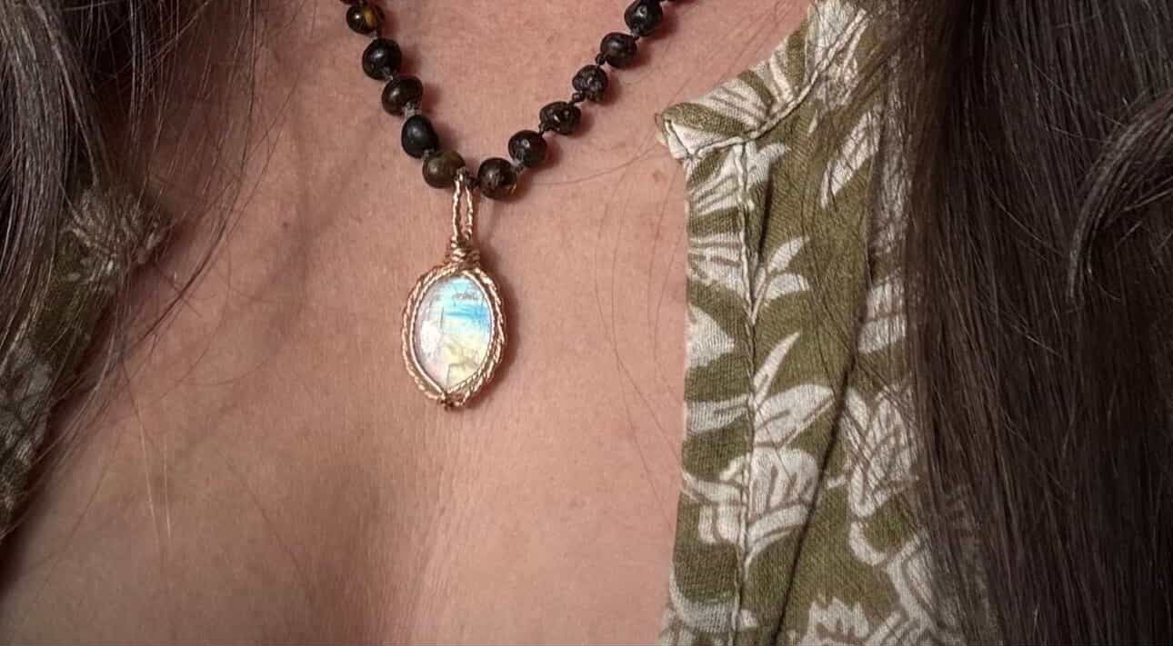 Brilliant moonstone in 14k with 18” raw Olive Amber