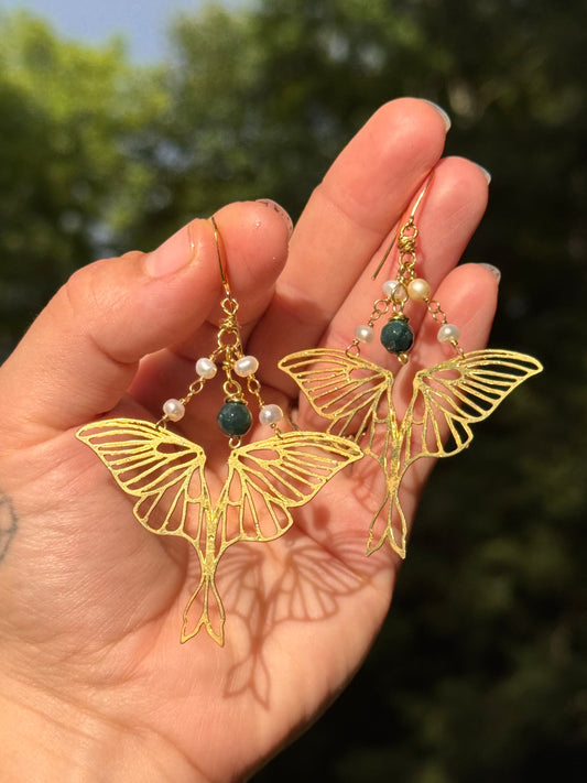 Brass Luna Moth Earrings Pearl & your choice of gemstone