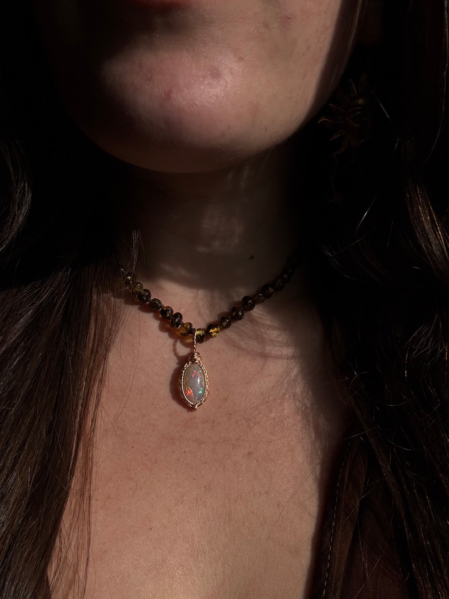 Oval Opal Pendant in 14k Gold ~ Baltic Amber Chain