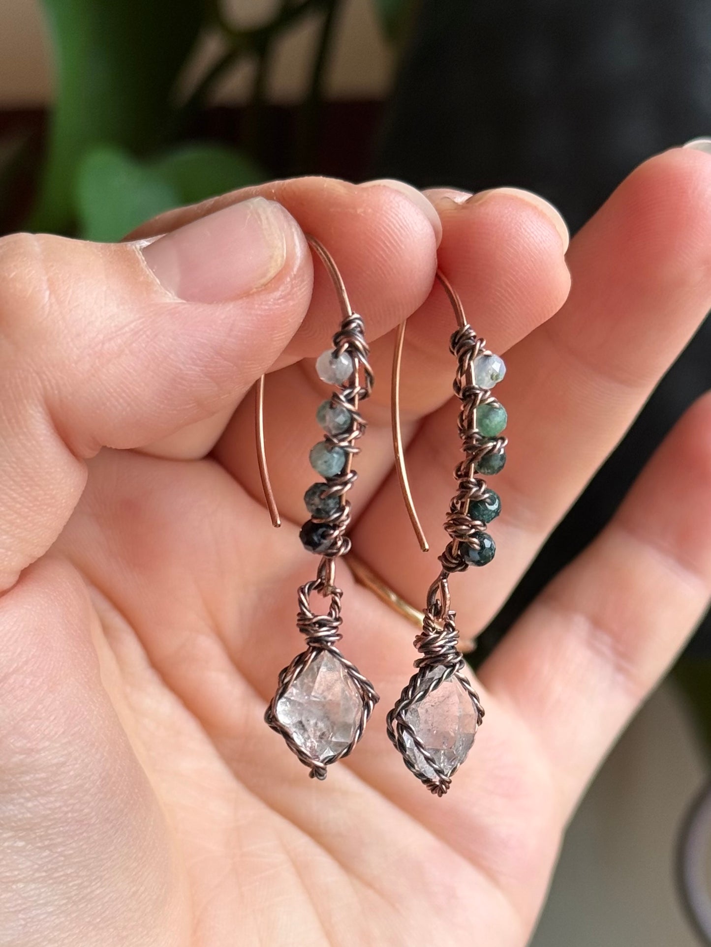 New elf earrings~ moss agate and Herkimer Diamond