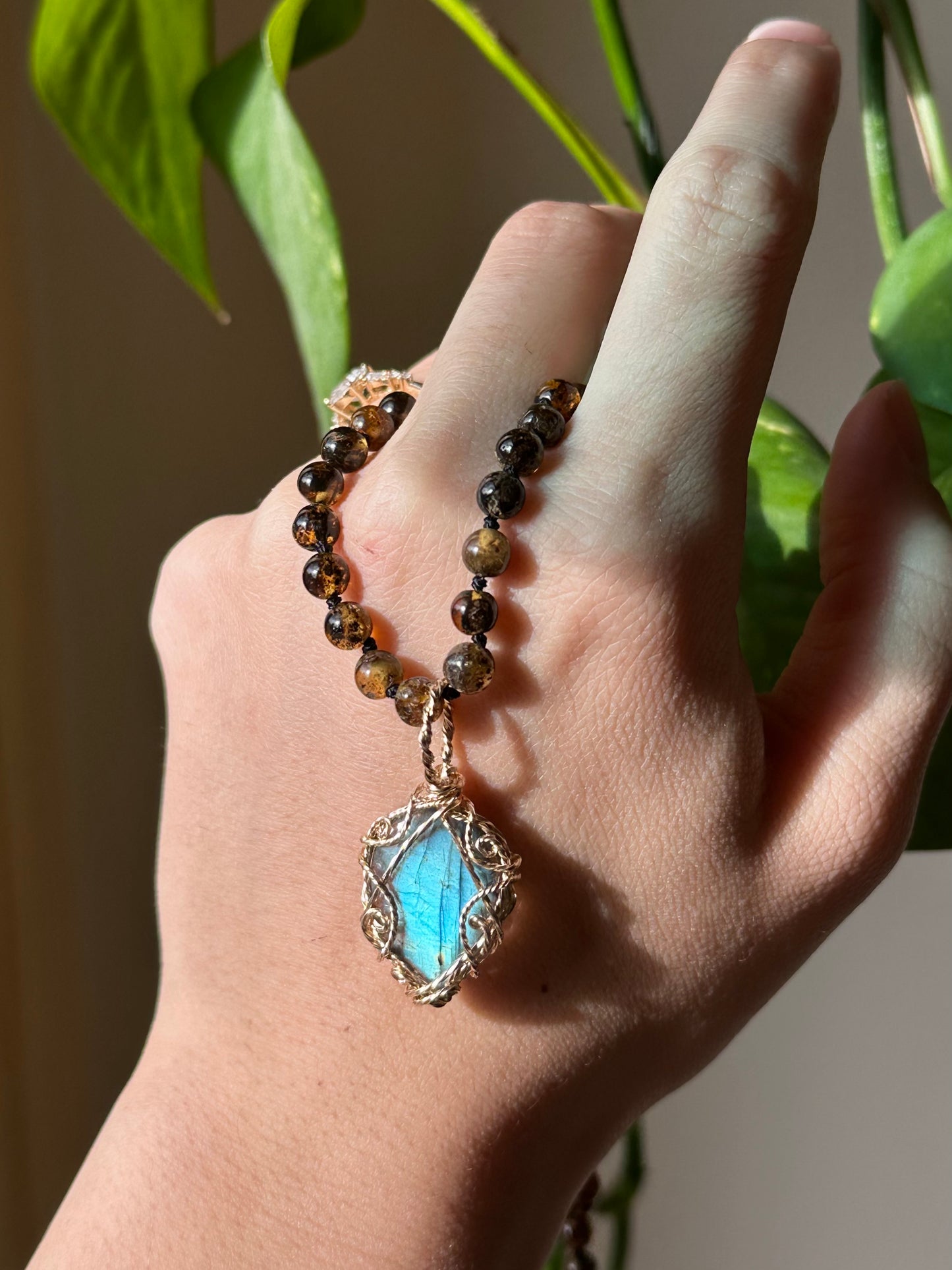 Labradorite Druid in Gold ~ Baltic Amber Chain