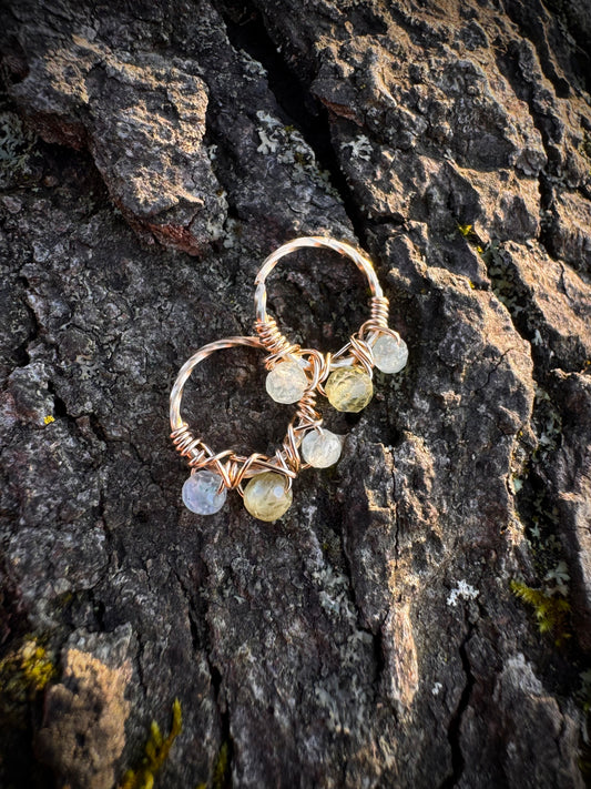 Tiny Hoop Earrings ~ Green Garnet and Moss Agate