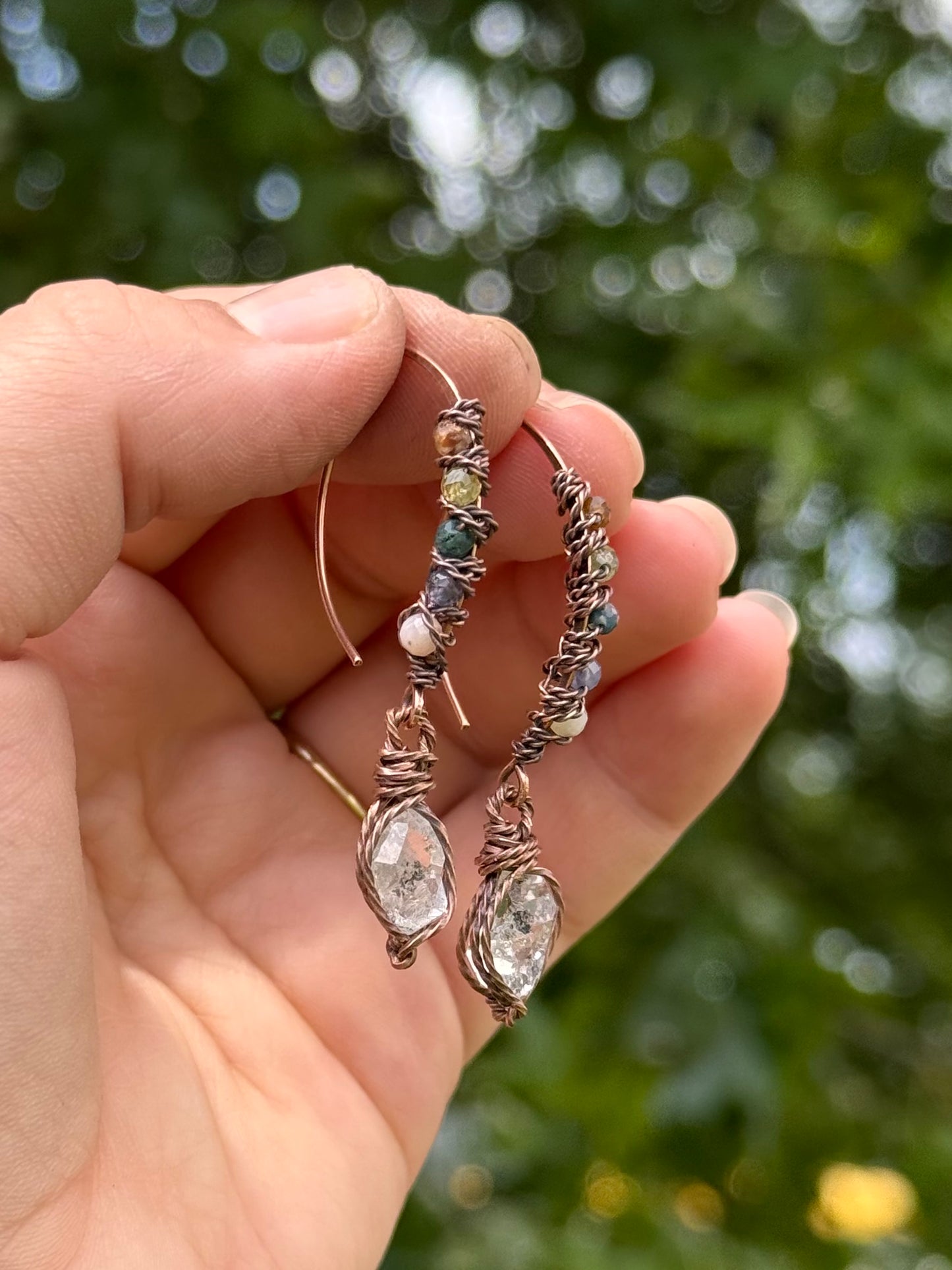 New elf earrings~ moss agate and Herkimer Diamond