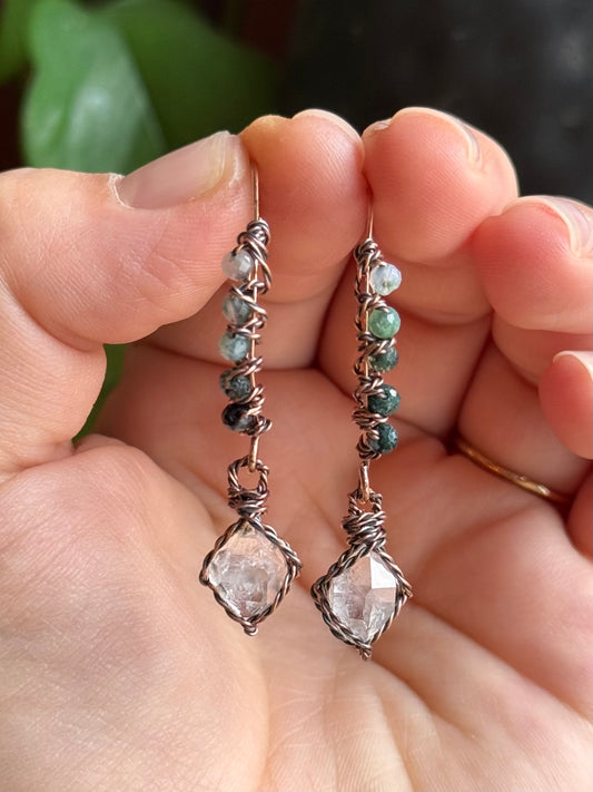 New elf earrings~ moss agate and Herkimer Diamond