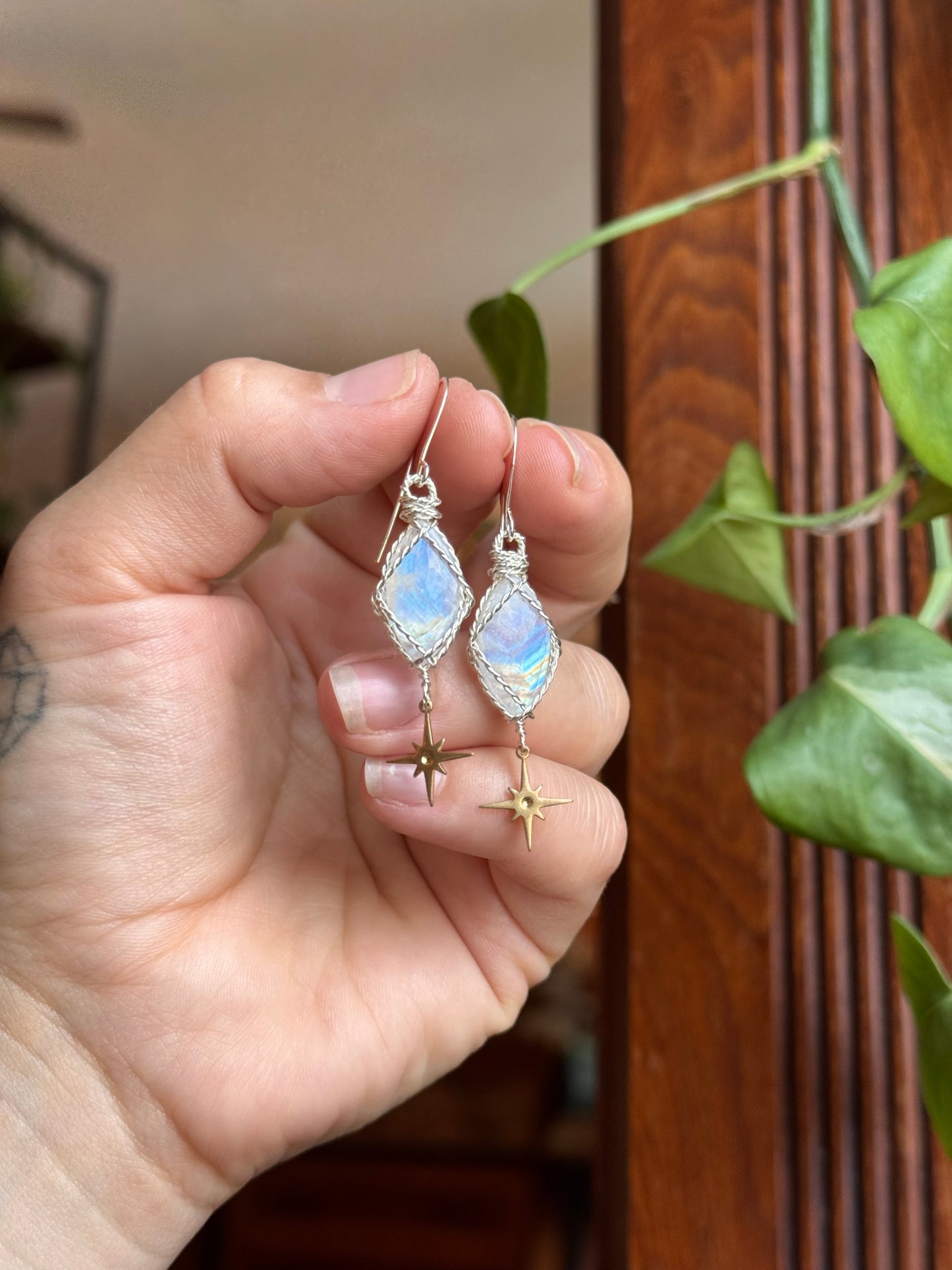 One of a kind moonstone star earrings