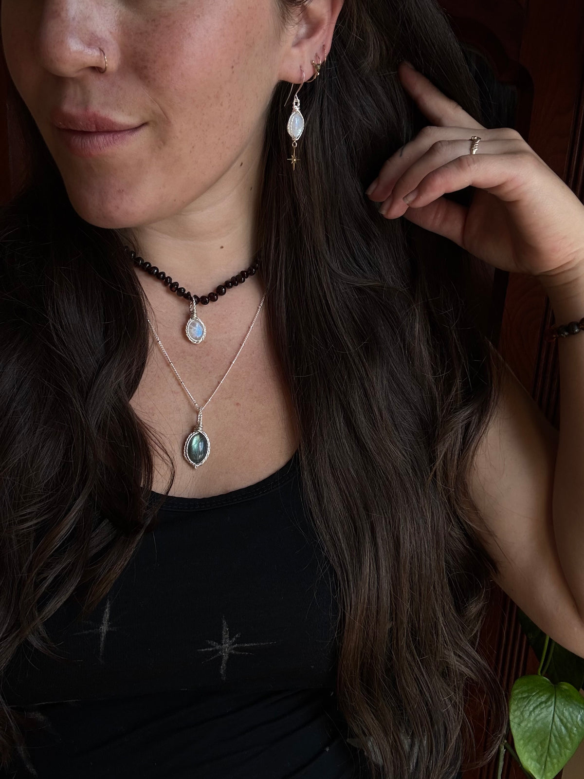 Moonstone Starling Earrings ~ silver and brass