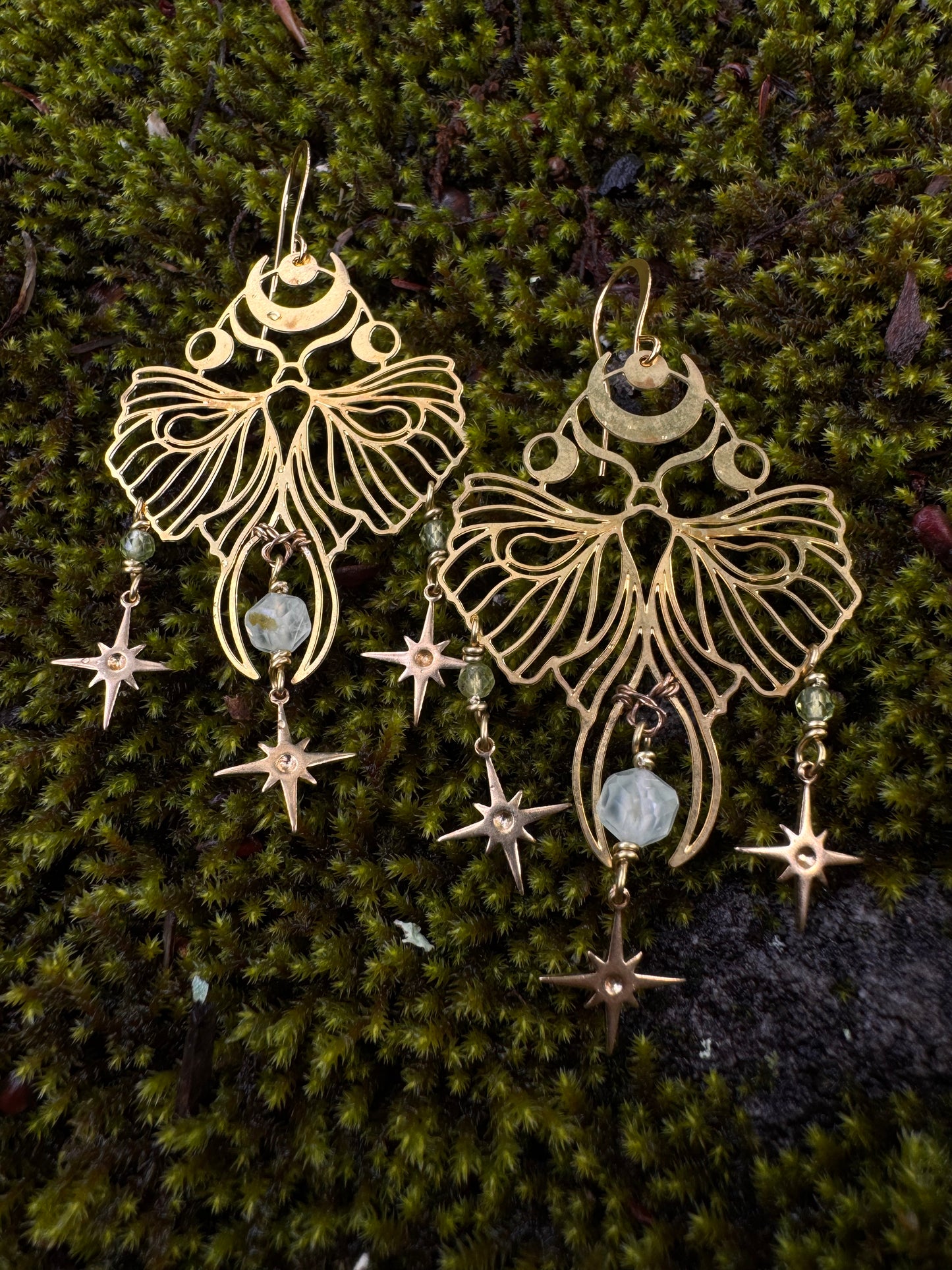 Lightweight Brass Luna Moth Earrings ~ multi gem options