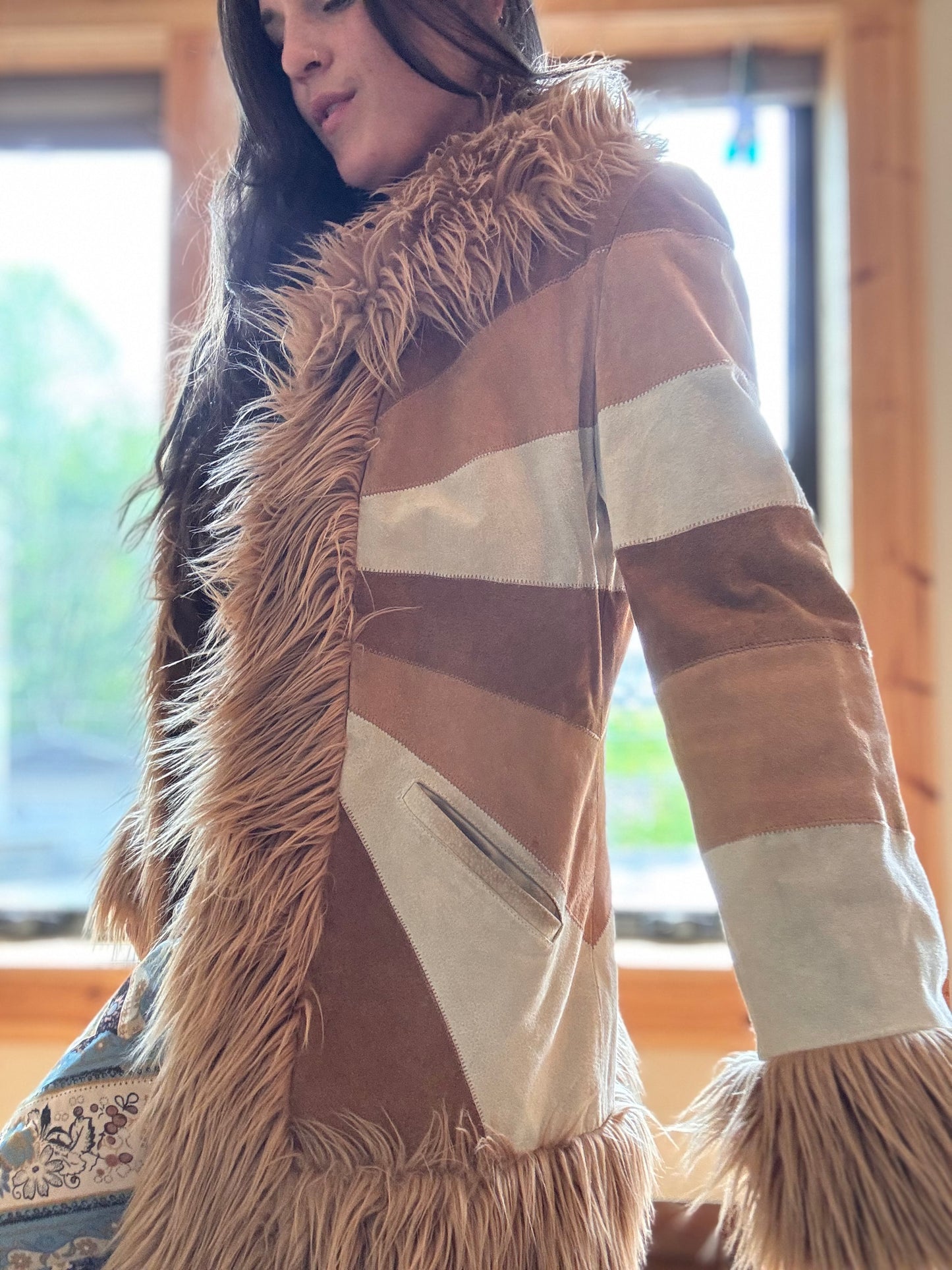Size L genuine suede patchwork jacket