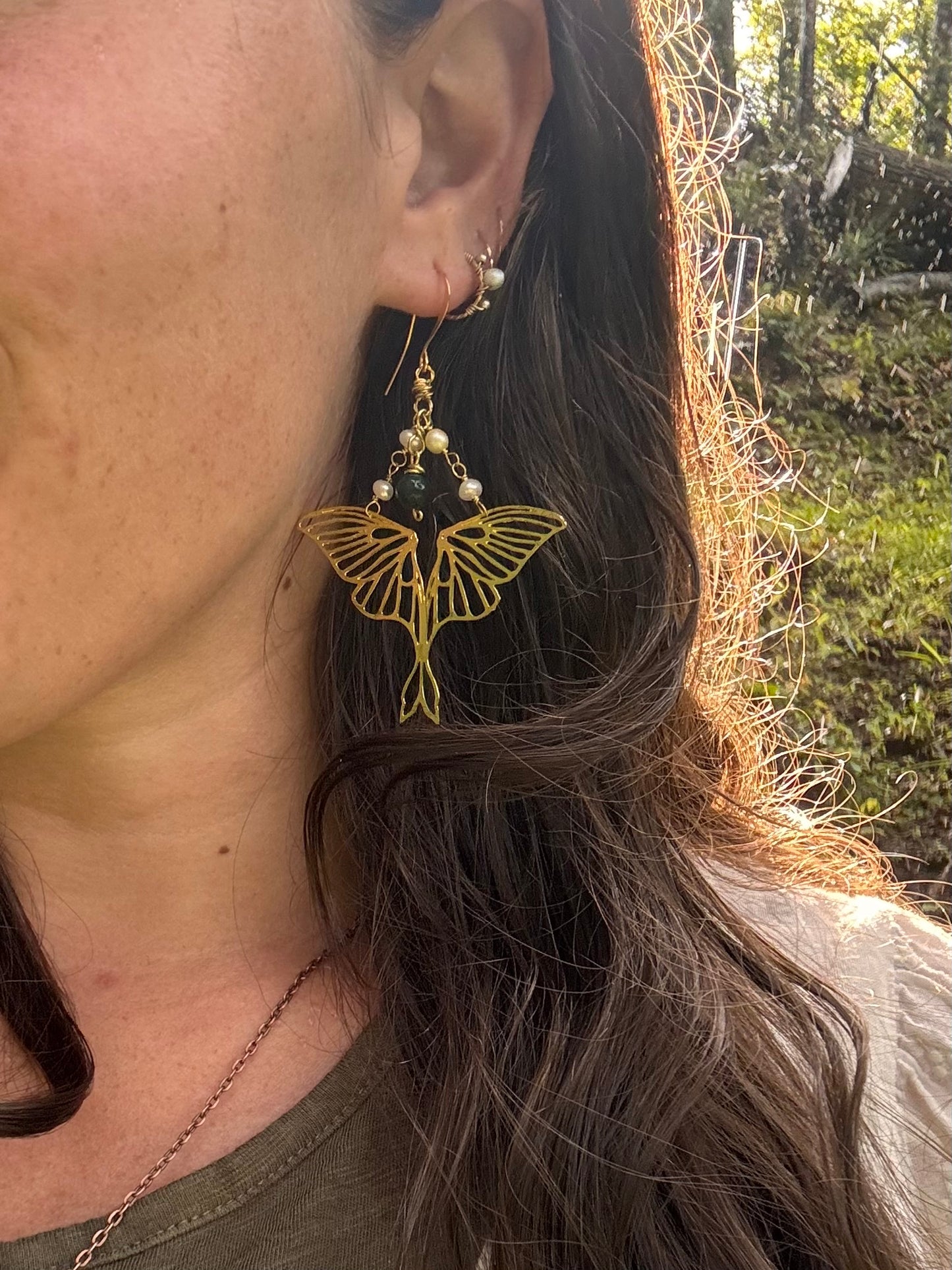 Brass Luna Moth Earrings Pearl & your choice of gemstone