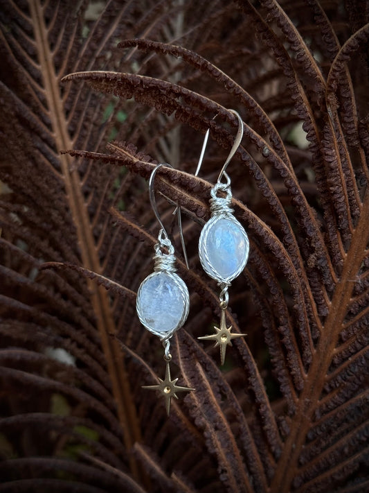 Moonstone Starling Earrings ~ silver and brass