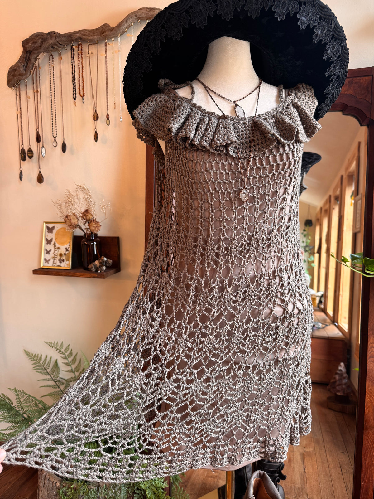 Size M/L rabbit hair brown knit off the shoulder dress