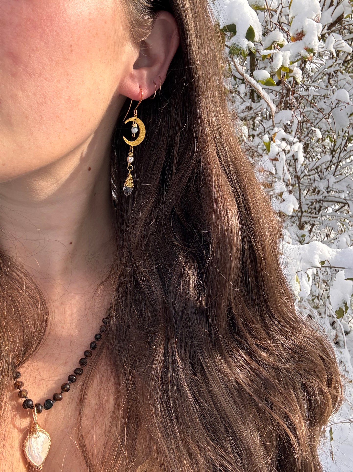 Solstice Moon Earrings ~ moss agate