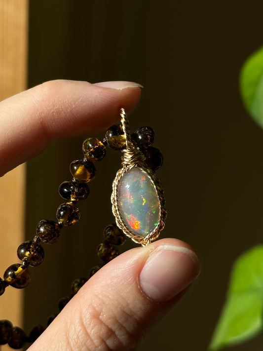 Oval Opal Pendant in 14k Gold ~ Baltic Amber Chain