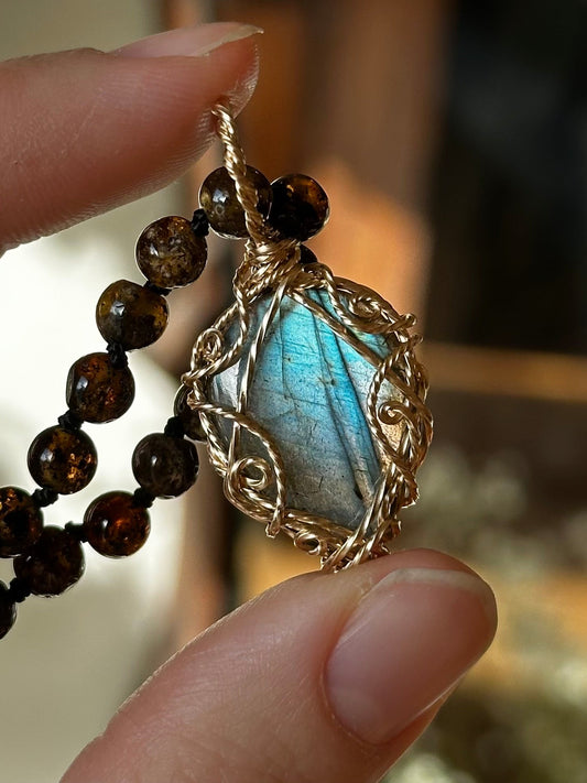 Labradorite Druid in Gold ~ Baltic Amber Chain