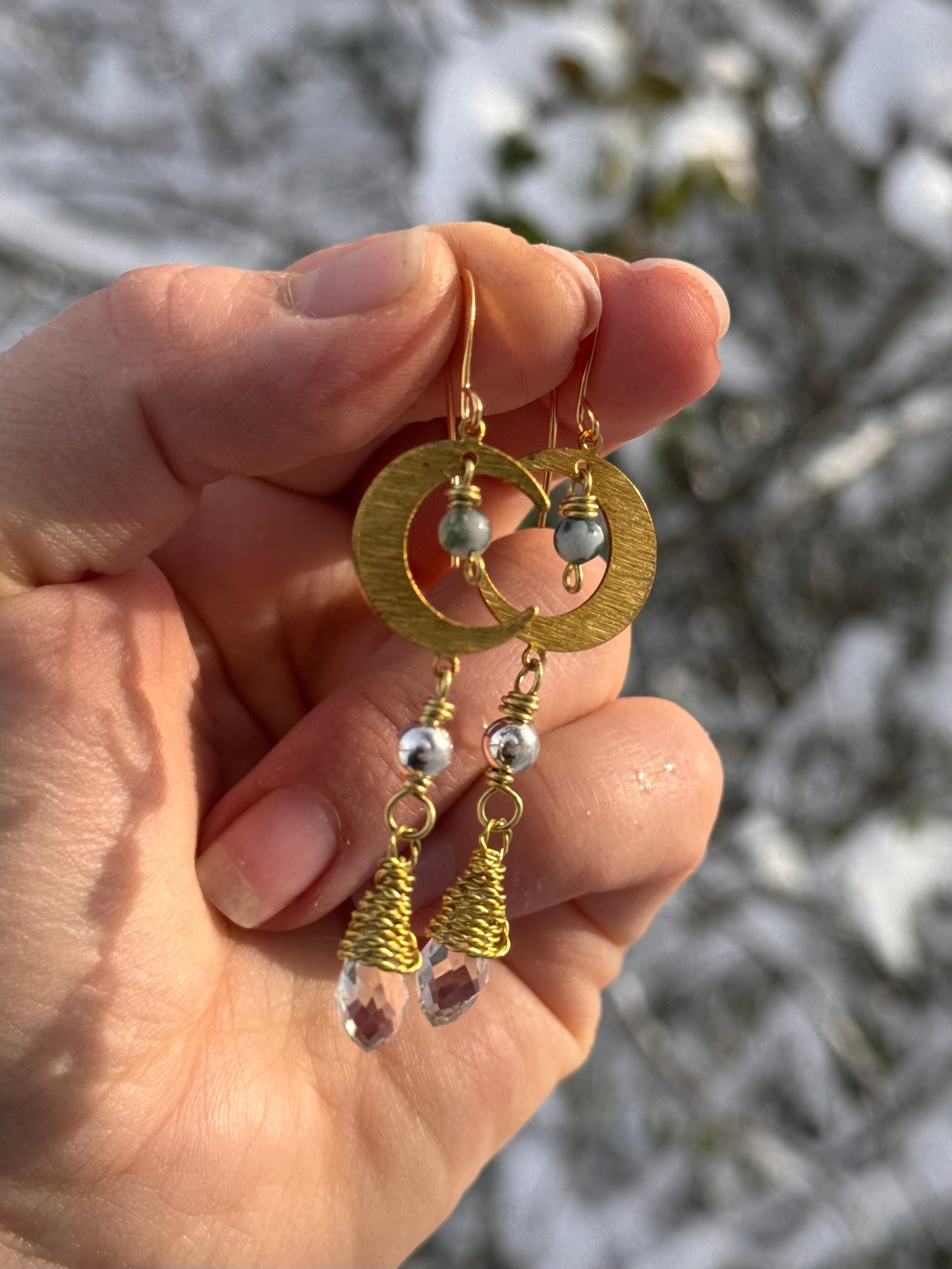 Solstice Moon Earrings ~ moss agate