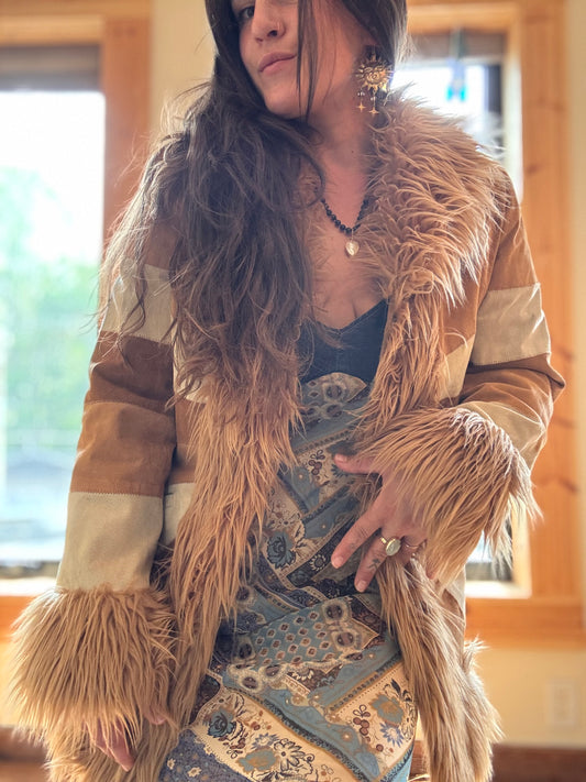 Size L genuine suede patchwork jacket