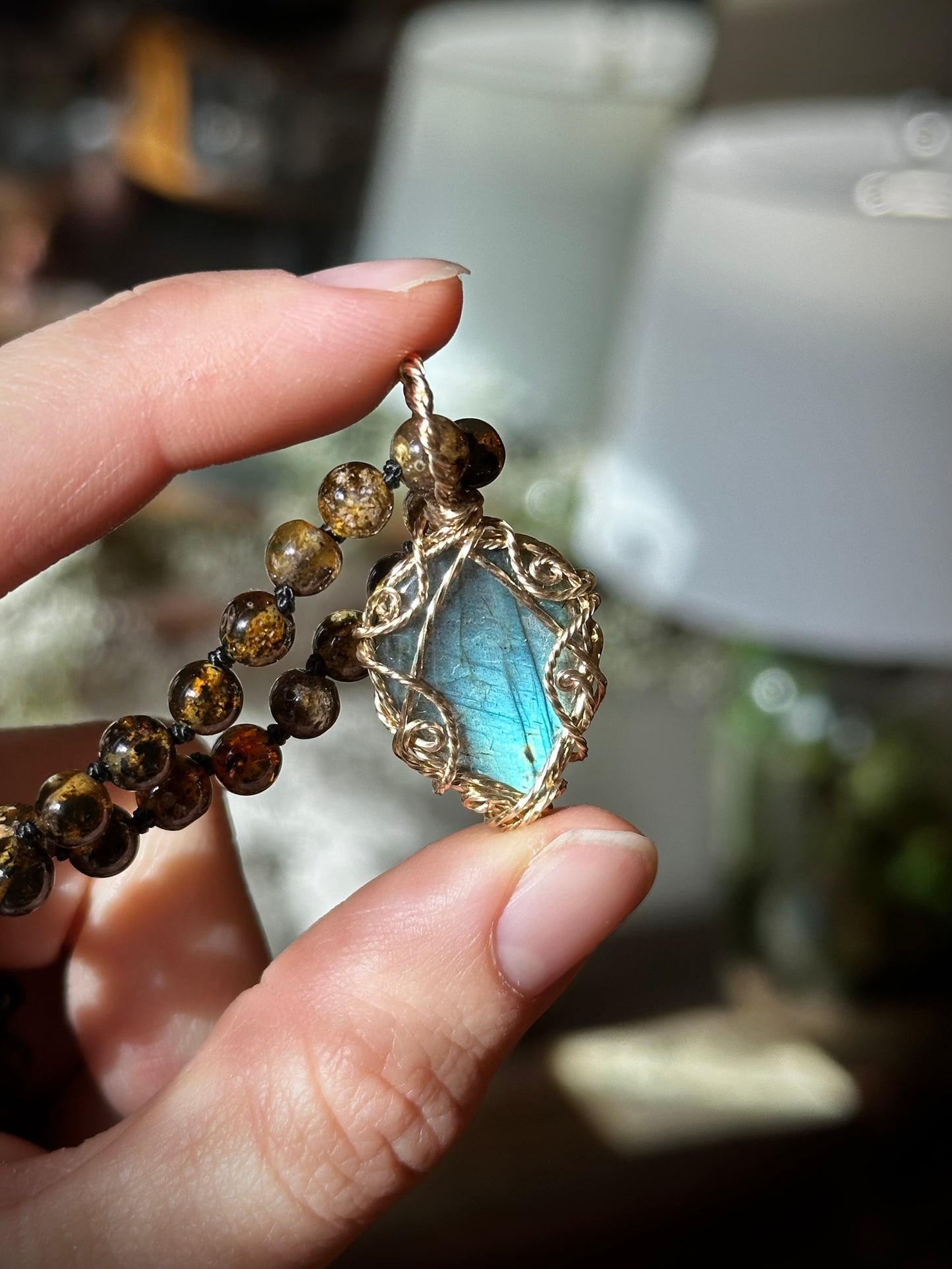 Labradorite Druid in Gold ~ Baltic Amber Chain