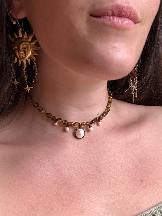 Pearl and Olive Baltic Amber choker