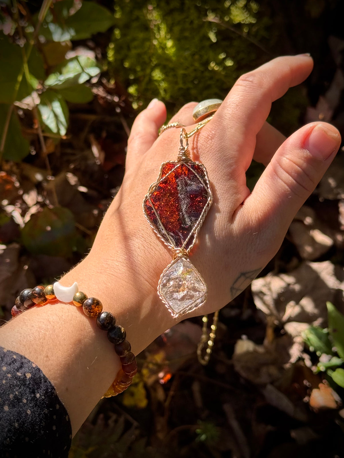 Golden Hour Freyja Medallion ~ Herkimer Diamond & Baltic Amber in 14k Gold
