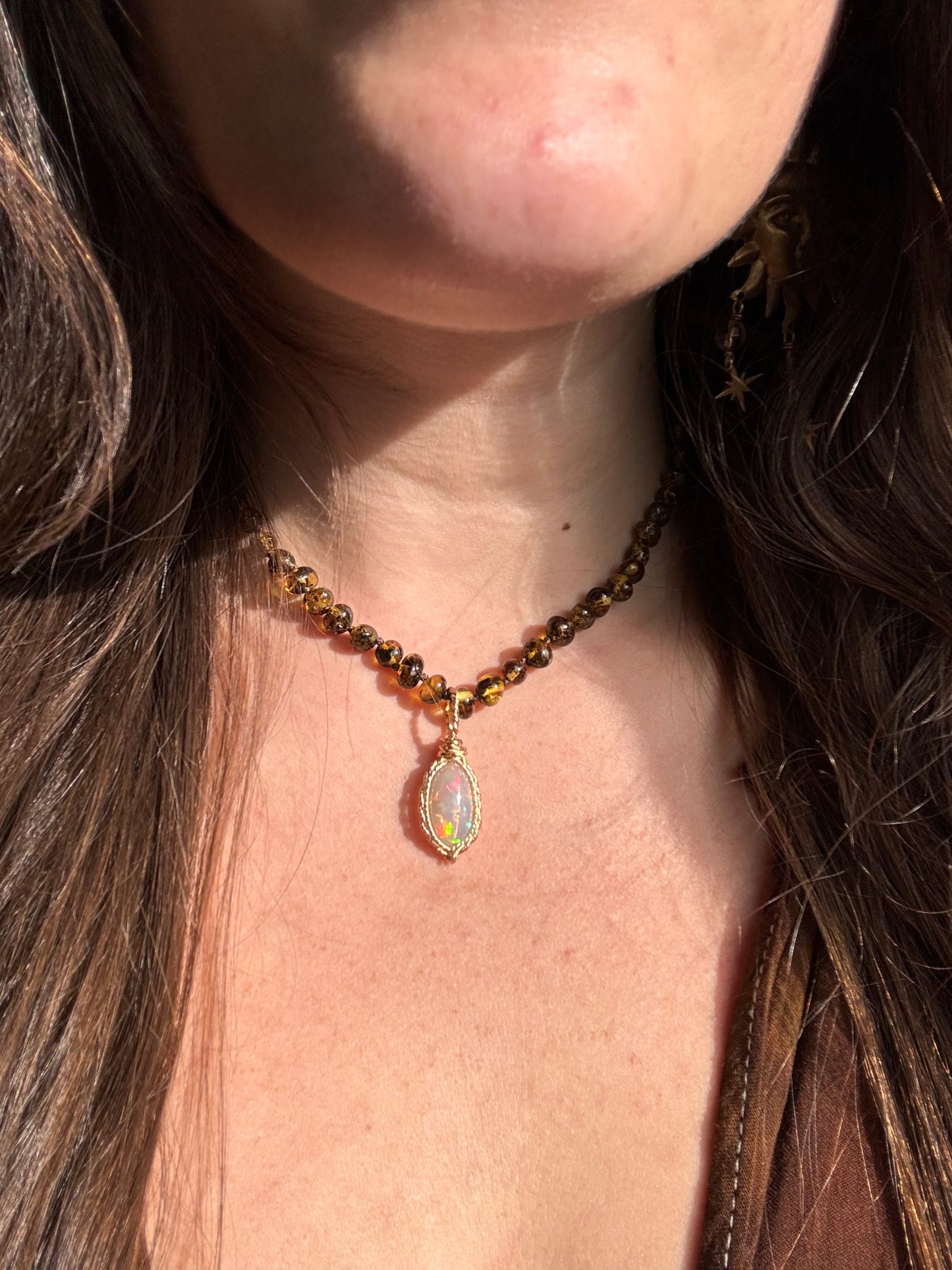 Oval Opal Pendant in 14k Gold ~ Baltic Amber Chain